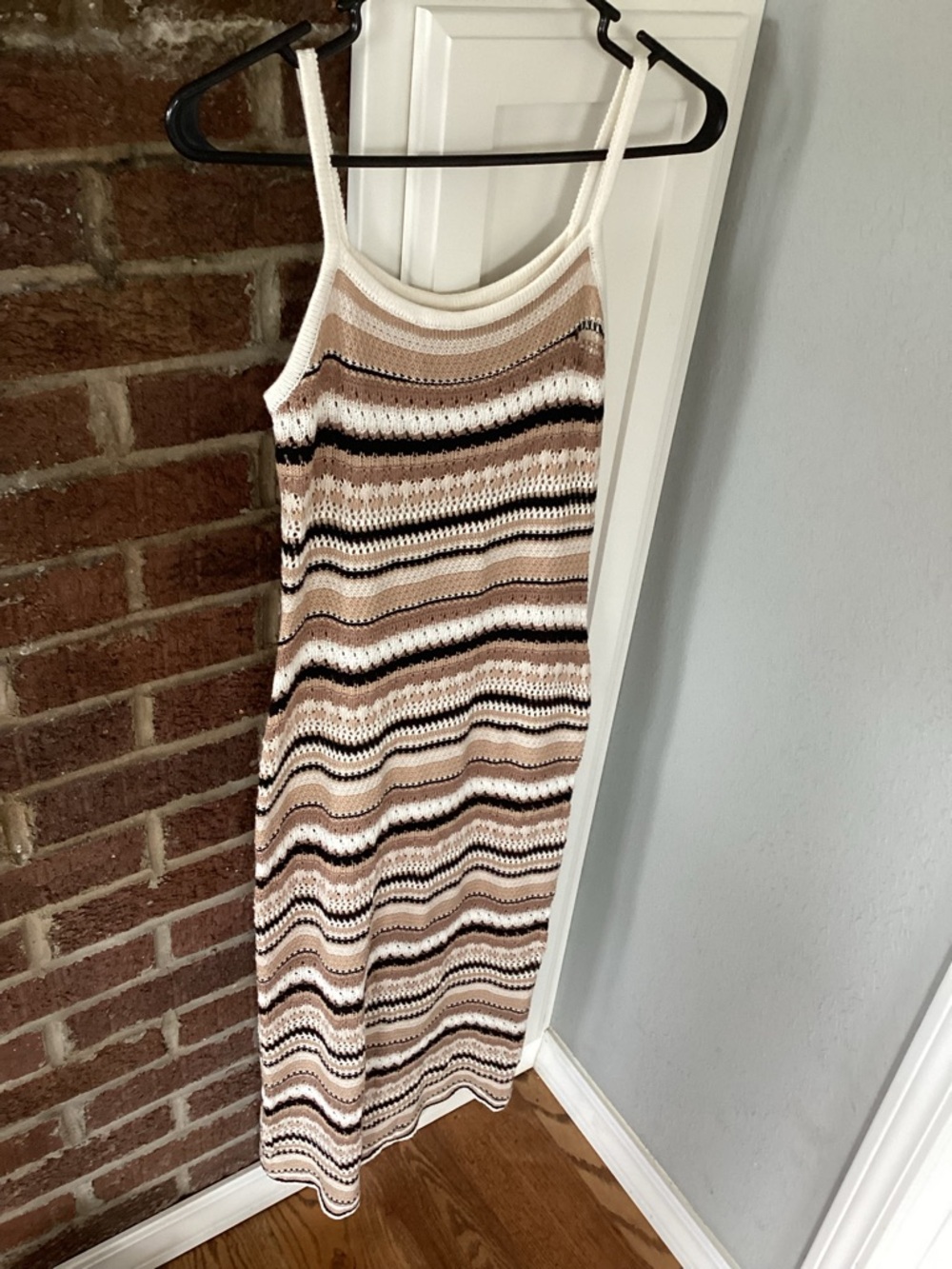Striped Crochet Knit Slip Dress in Cream and Brown